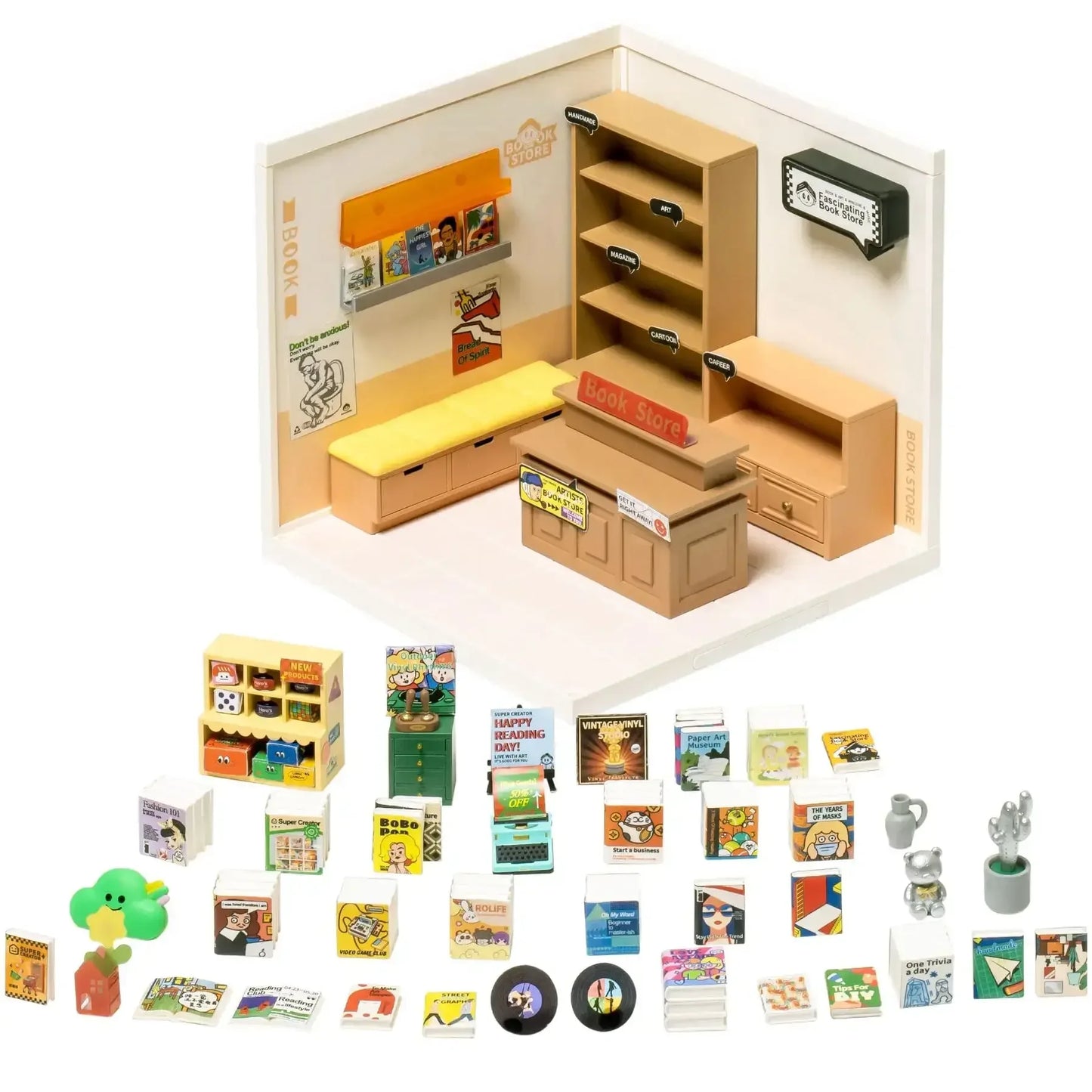 Robotime Rolife Super Creator Miniature Building Kit – Bookstore, Bakery & Bubble Tea Shop 3 in 1 / United States