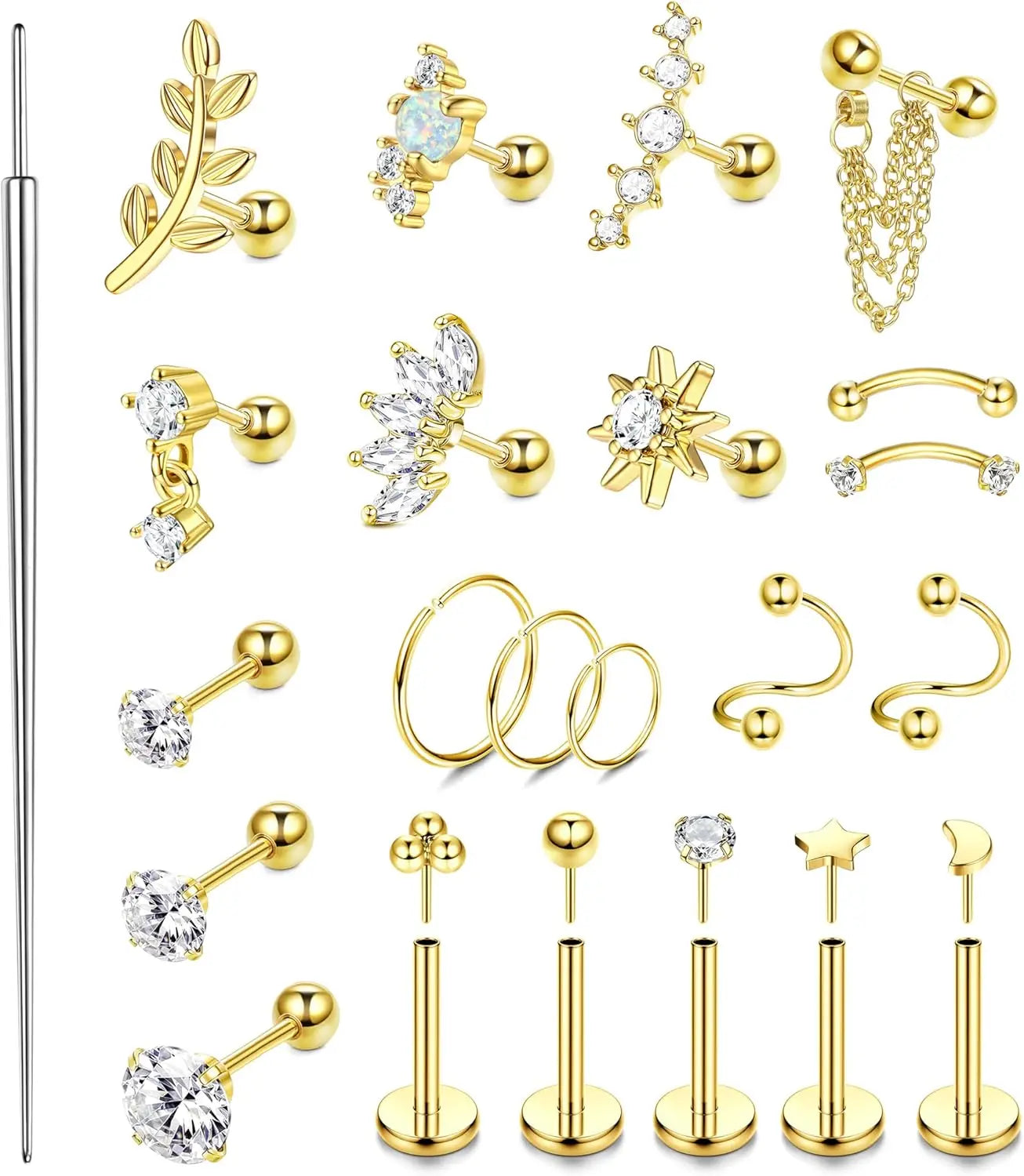 22-Piece 16G Cartilage Earrings Set for Women – Surgical Stainless Steel Helix & Nose Piercing Jewelry