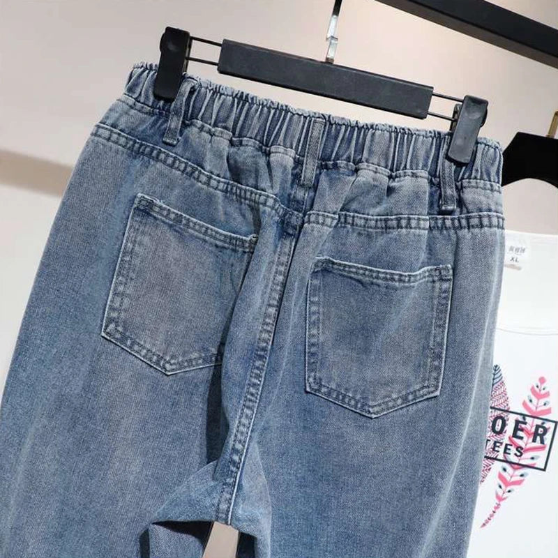 High Waist Elastic Waist Ankle-length Harem Denim Pants