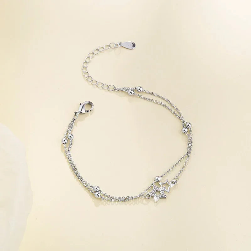 Sterling Silver Double Love Heart Hollow Round Beads Bracelet 6848