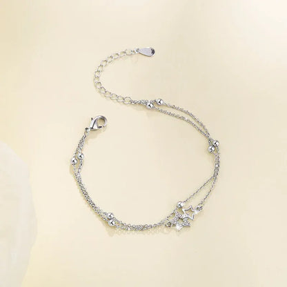 Sterling Silver Double Love Heart Hollow Round Beads Bracelet 6848