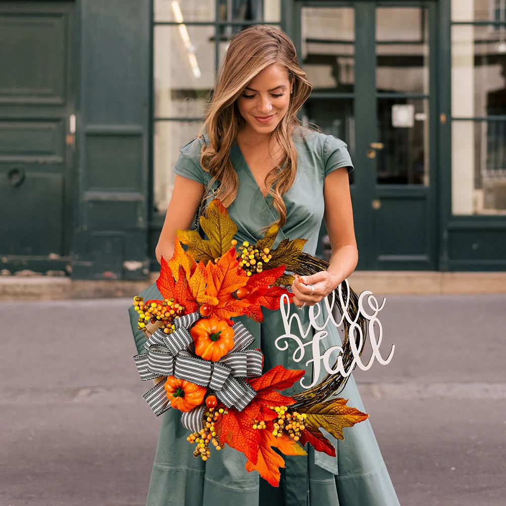 40cm Maple Leaf Pumpkin Wreath Front Door Autumn Wreath for Thanksgiving Harvest Party Decor