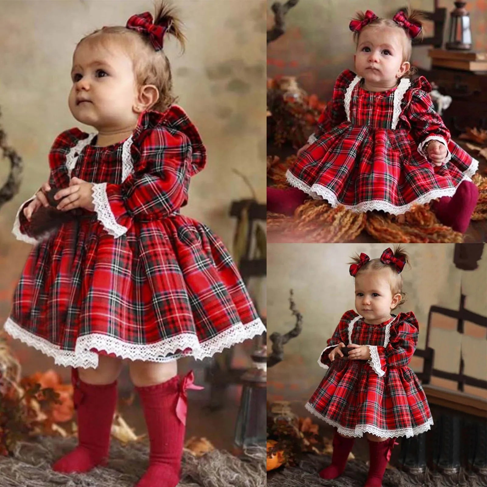 Toddler Girls Christmas Lace & Plaid Patchwork Dress