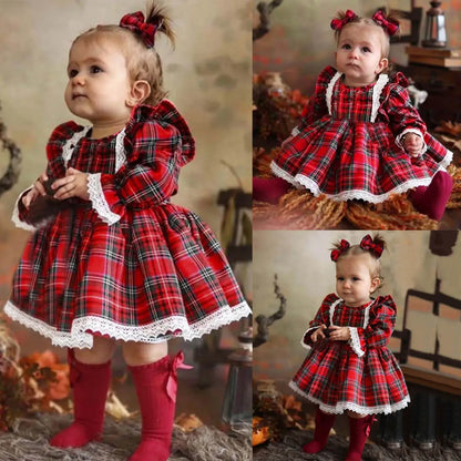 Toddler Girls Christmas Lace & Plaid Patchwork Dress Red / United States / 3-4 Years