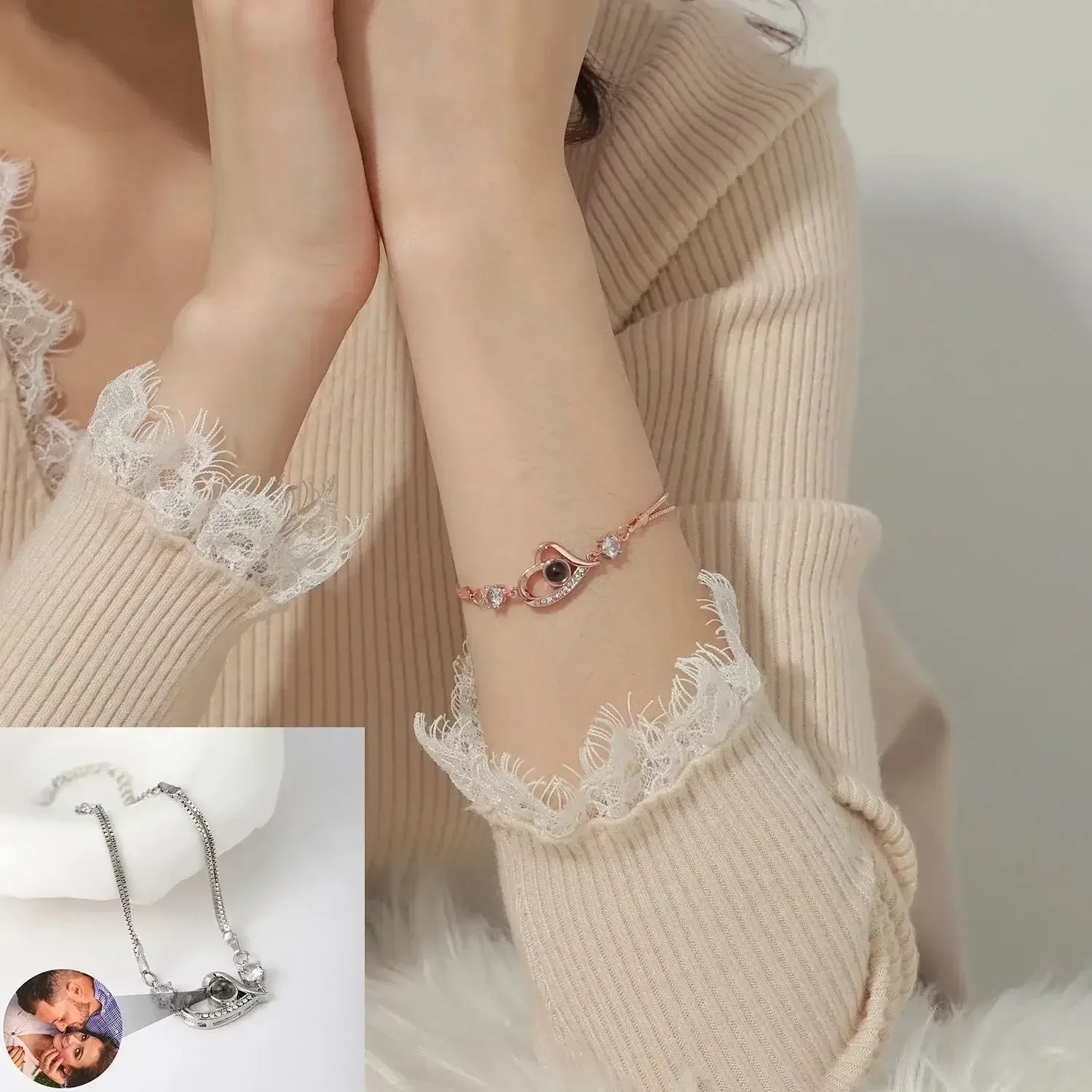 Custom Photo Projection Bracelet 925 Silver Picture Inside 925 silver / Rose Gold / United States
