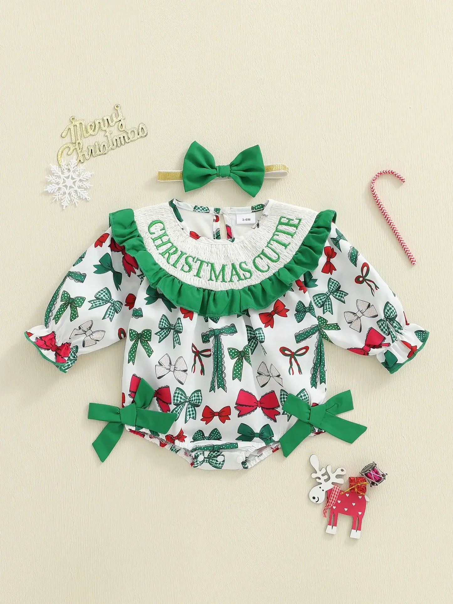 Christmas Baby Girl Plaid Romper Dress & Bow Headband Set army green / 6-12 Months / United States