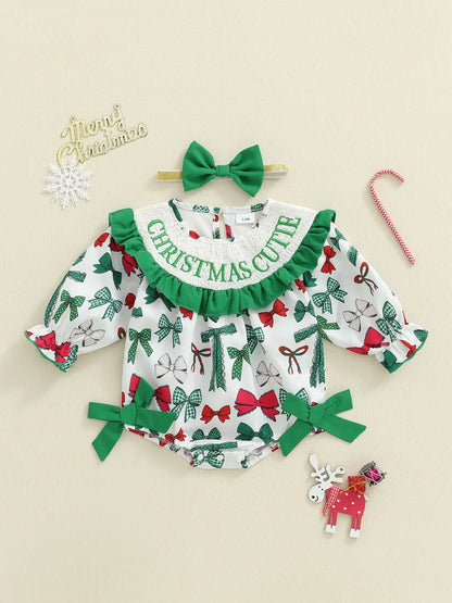 Christmas Baby Girl Plaid Romper Dress & Bow Headband Set army green / 6-12 Months / United States