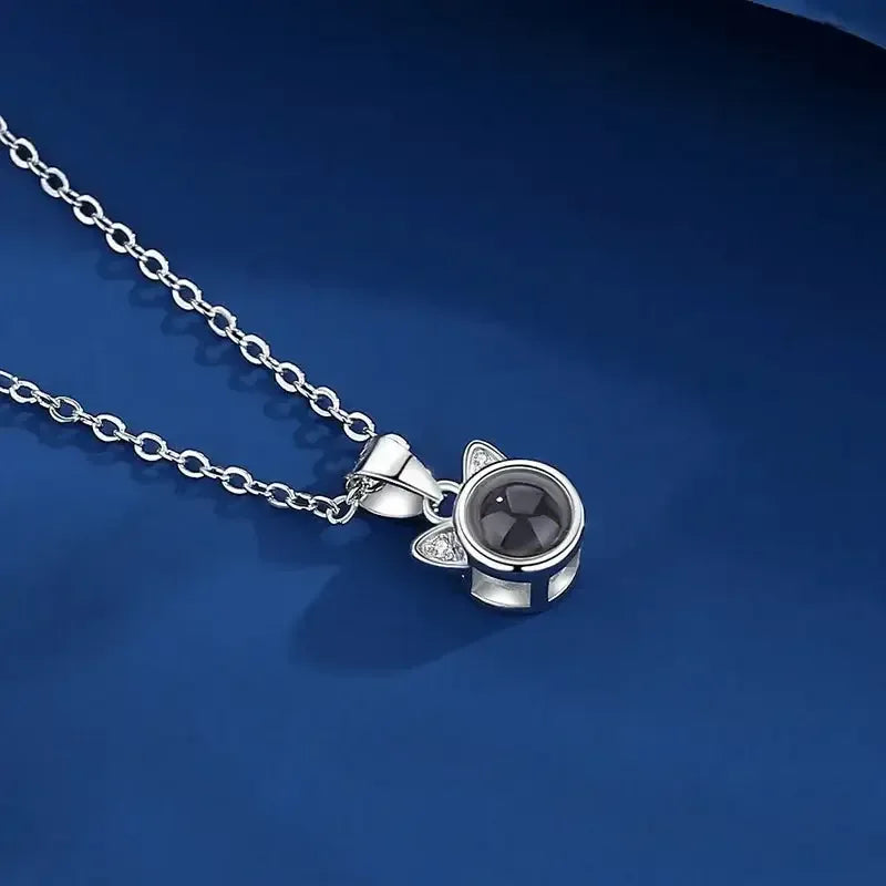 Custom Photo Projection Necklace Cat Zircon Ear Pendant Silver / United States / 45cm