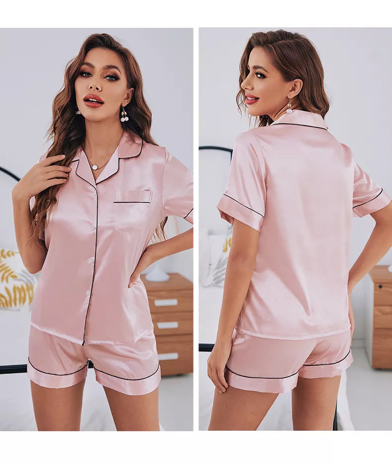 Womens Silk Satin Pajamas Set Short Sleeve Two-piece