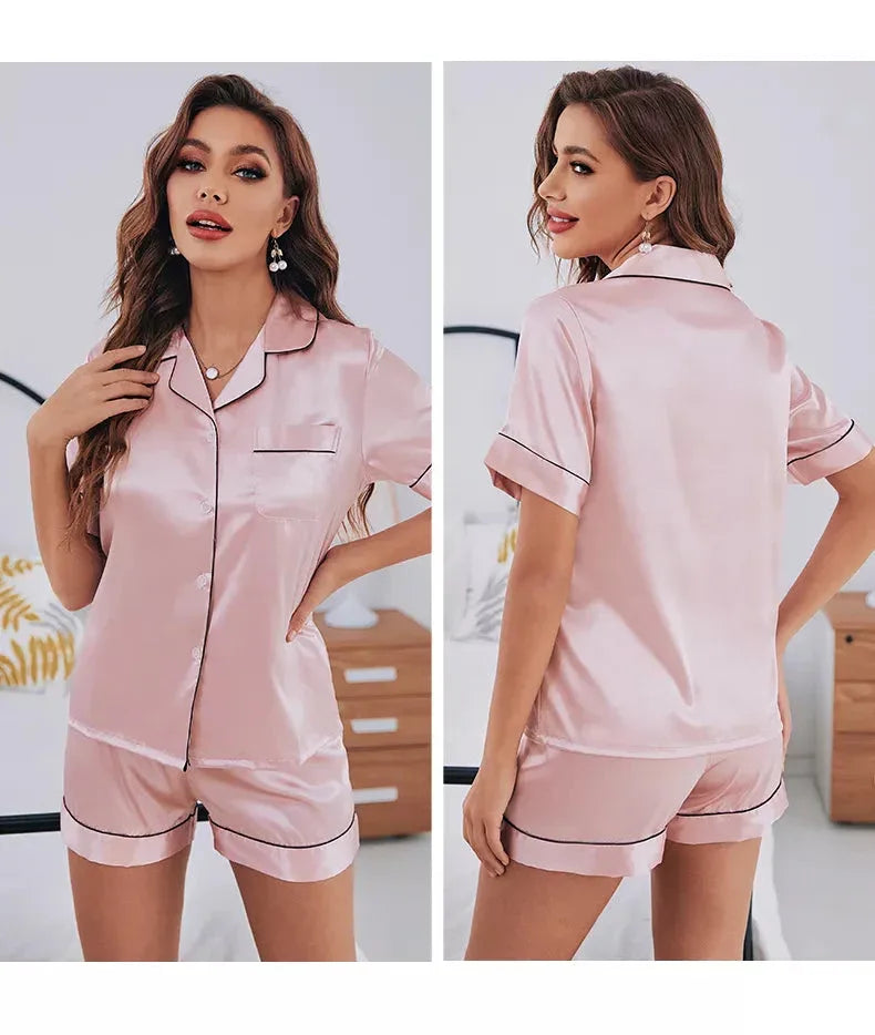 Womens Silk Satin Pajamas Set Short Sleeve Two-piece white / S