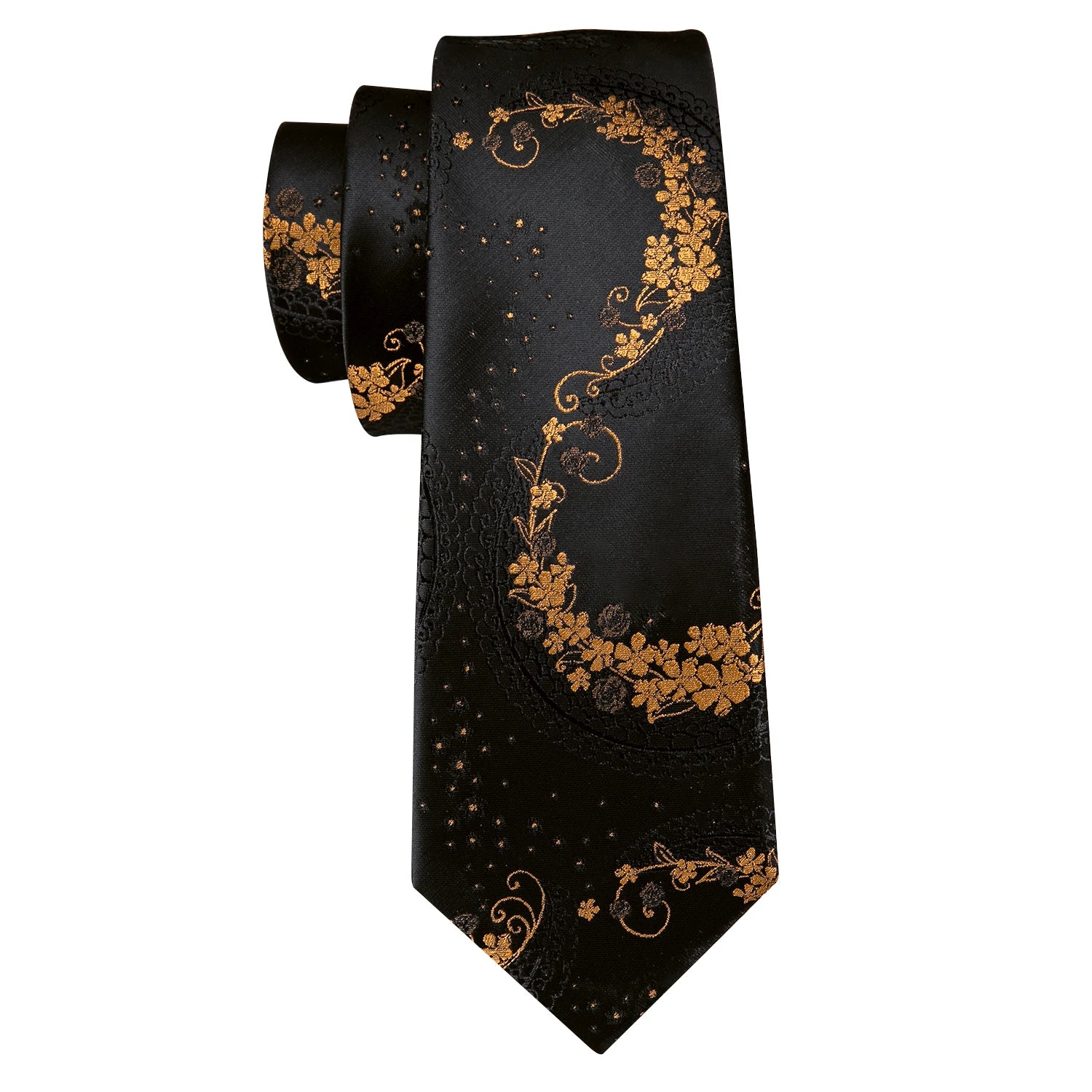 Black & Gold Floral Jacquard Men’s Tie Set – Necktie, Pocket Square & Cufflinks