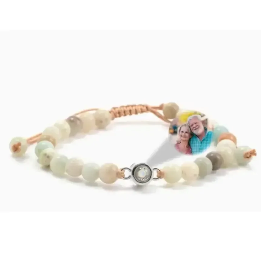 Custom Projection Photo Bracelet 6mm Natural Stone Circle Pendant Round 3 / Silver Beads / United States
