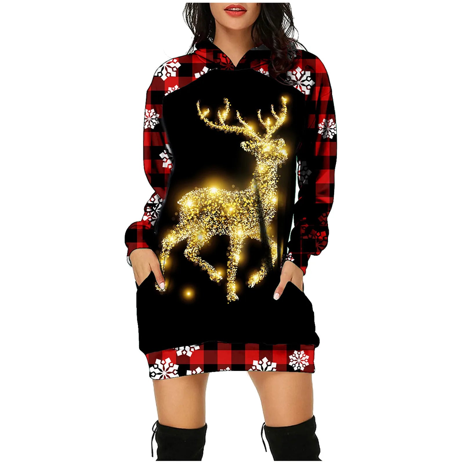 Plus Size Women’s Christmas Swing Hoodie Dress with Pockets