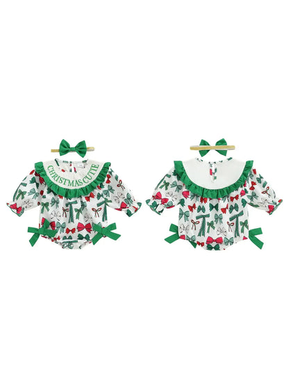 Christmas Baby Girl Plaid Romper Dress & Bow Headband Set army green / 6-12 Months / United States
