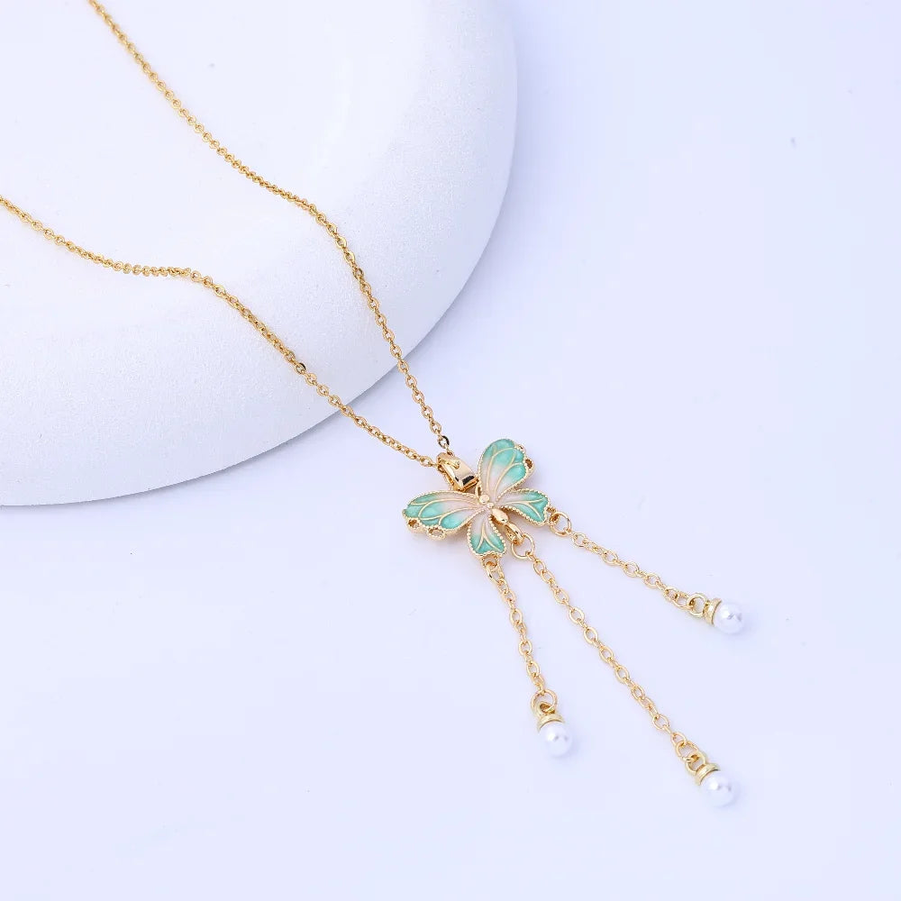 Fluorescent Butterfly Pearl Pendant Necklace