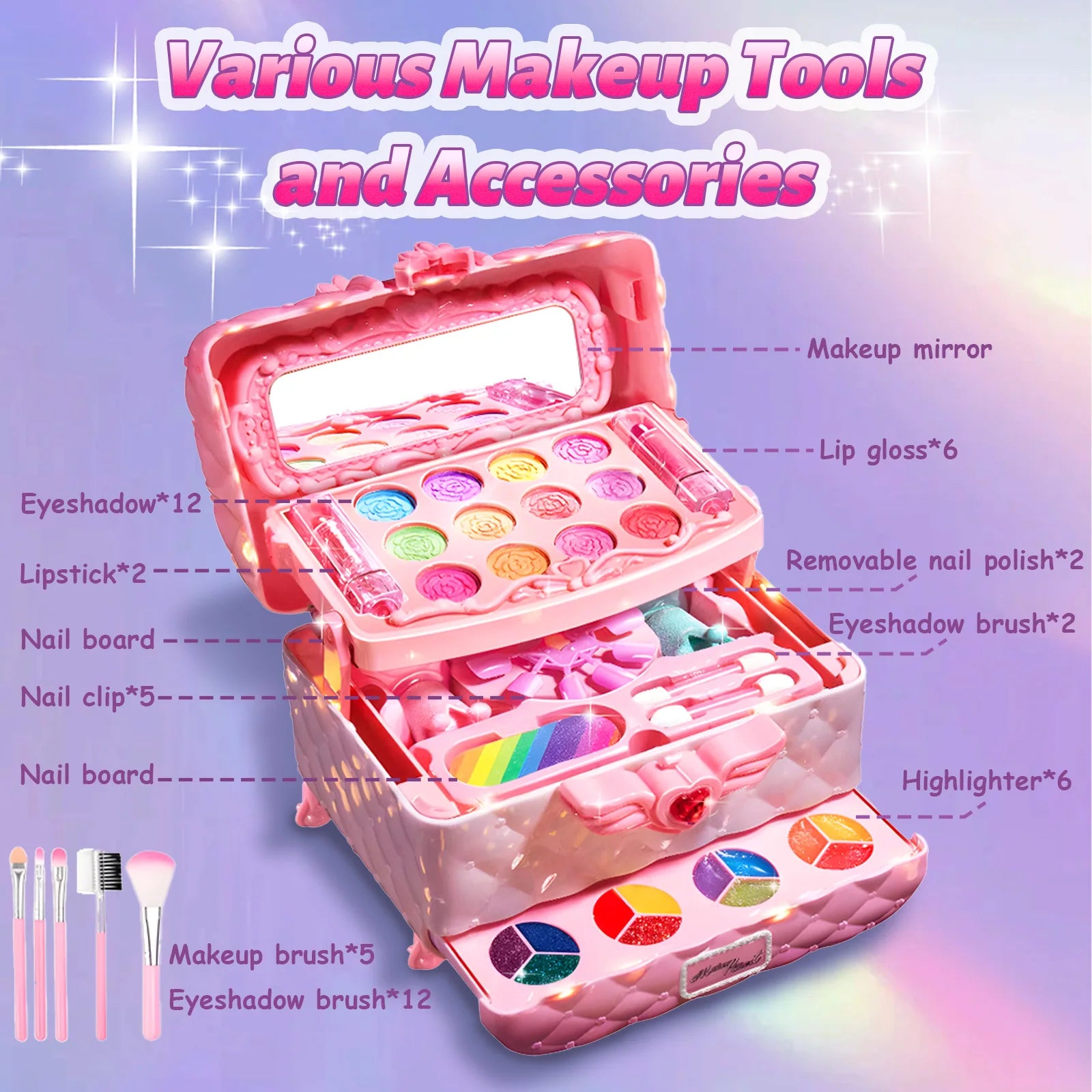 Kids Multi-Layer Foldable Makeup Set – 32-in-1 Pretend Play Cosmetic Kit with Storage Box