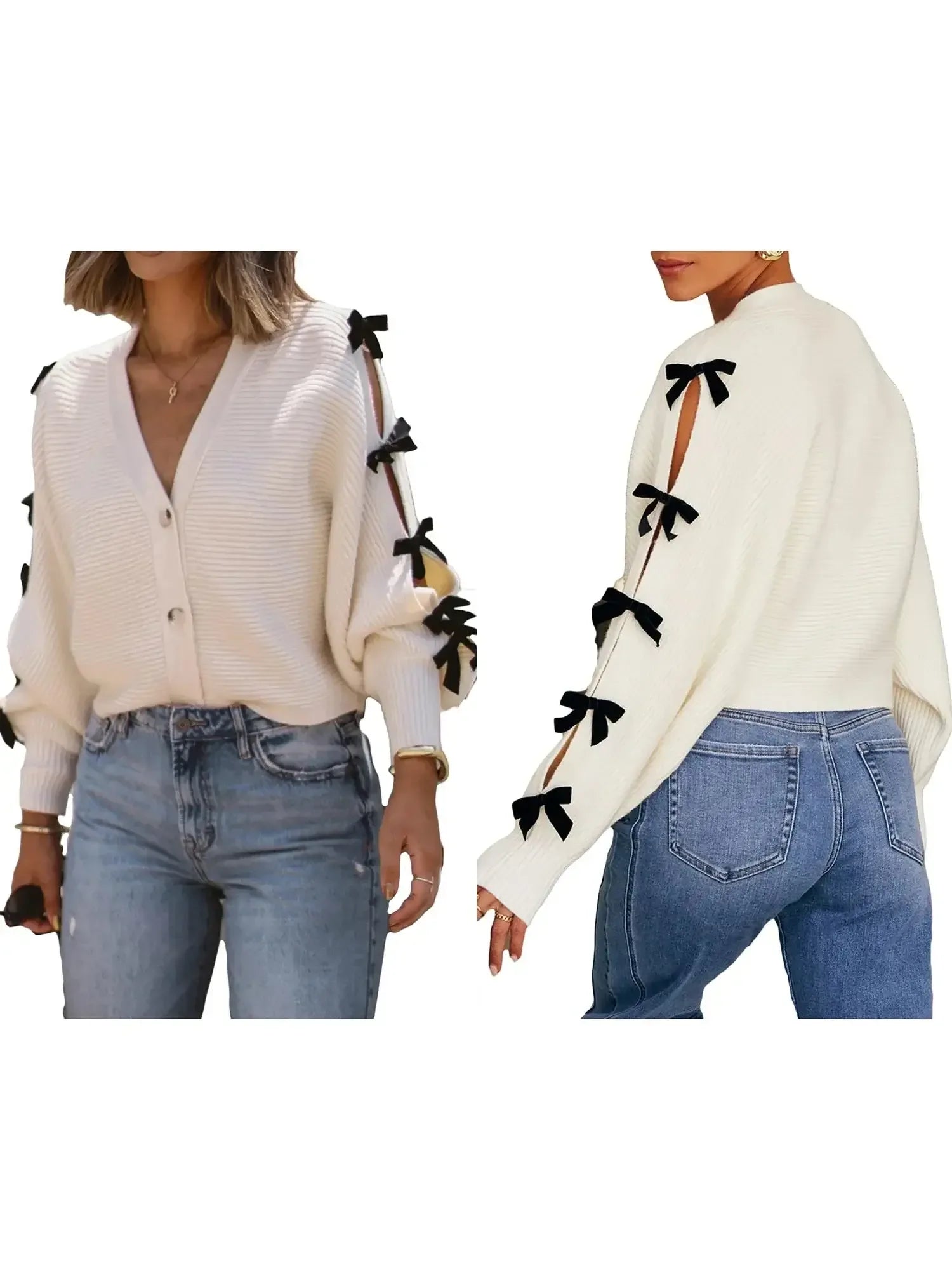 Elegant Knit Cardigan with V-Neckline and Chic Bow Detail Stylish Button-Down Sweater Coat WHITE / S / United States