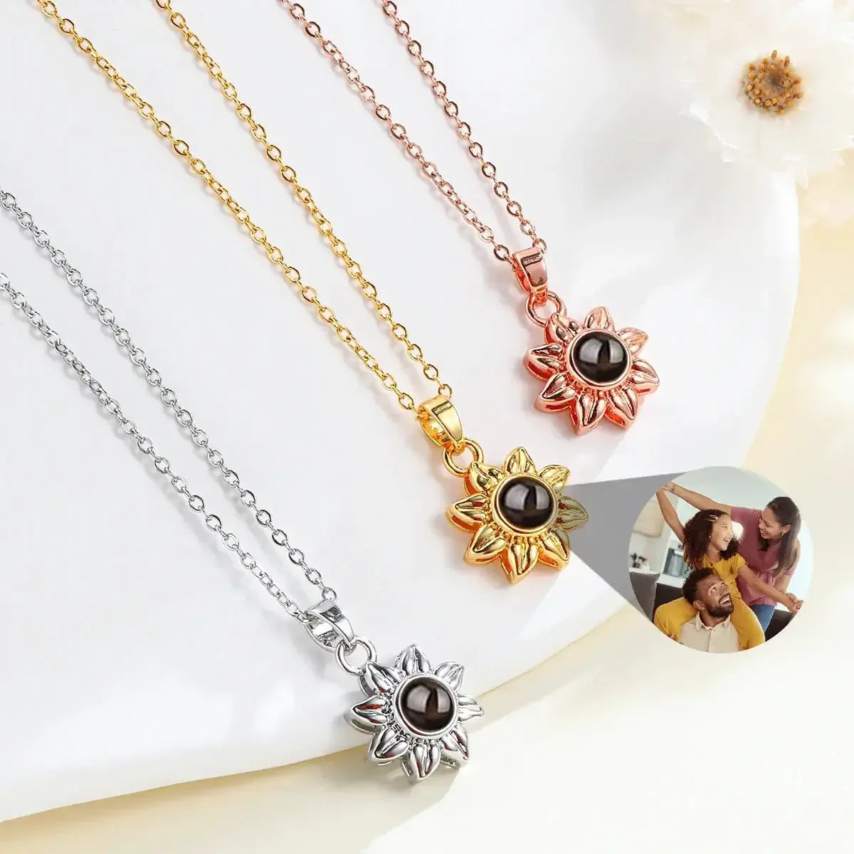 Personalized Projection Photo Necklace Custom Picture Sunflower Pendant Gold / 40cm / United States
