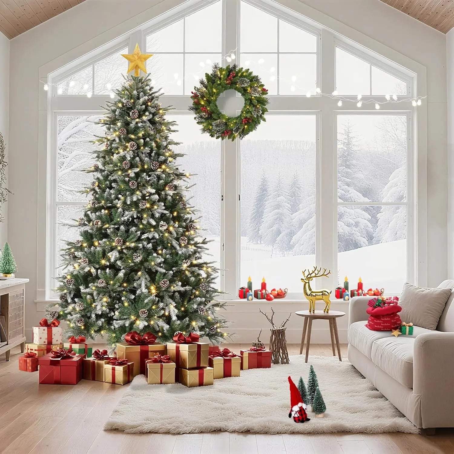 Pre-Lit Snow Flocked Slim Christmas Tree  with LED Lights & Pine Cones