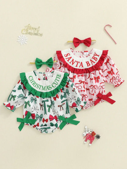 Christmas Baby Girl Plaid Romper Dress & Bow Headband Set army green / 6-12 Months / United States