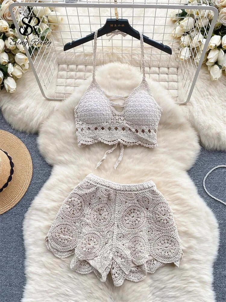 Knitted Two-Piece Beachwear Set apricot / One Size