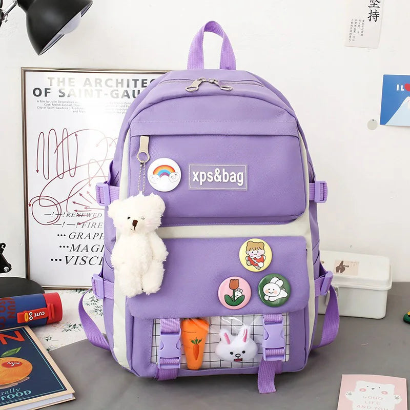 Four Piece Backpack With Teddy Bear Pendant