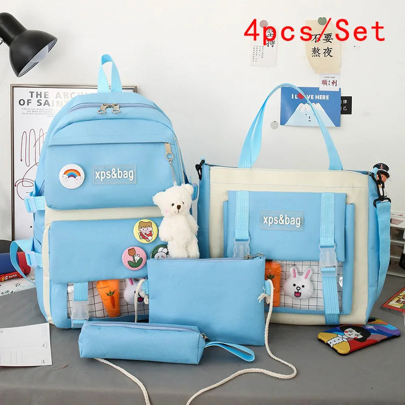 Four Piece Backpack With Teddy Bear Pendant