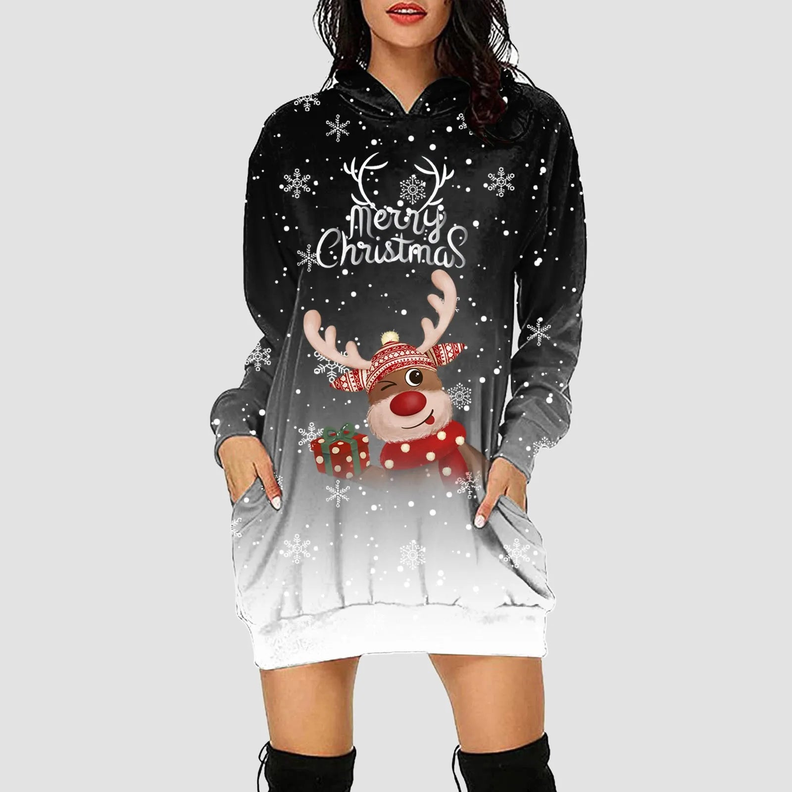 Women & Girls Christmas Sweatshirt Dress – Snowflakes & Reindeer Print, Long Sleeve