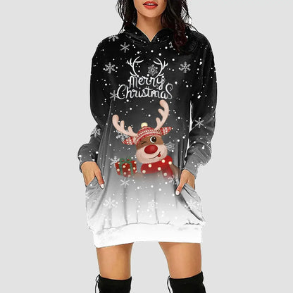 Women & Girls Christmas Sweatshirt Dress – Snowflakes & Reindeer Print, Long Sleeve Dark Gray / XL / United States