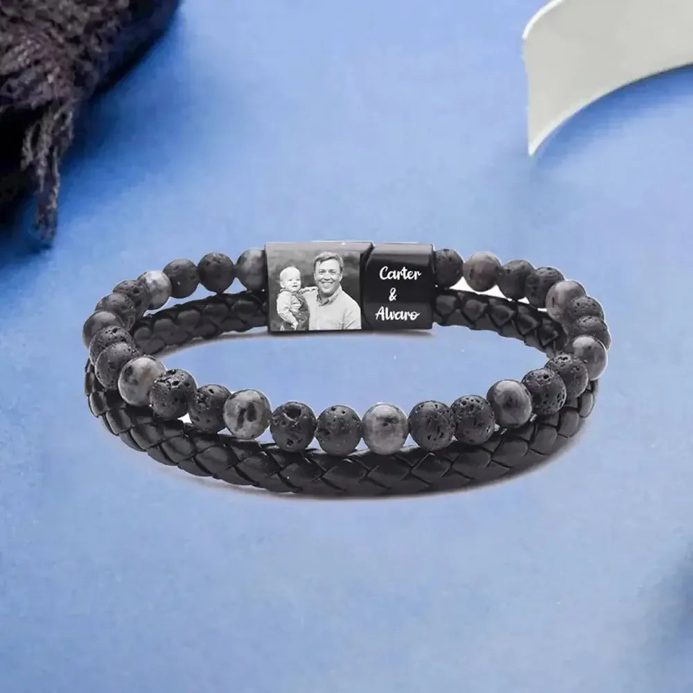 Personalize Men Photo Bracelets with Beads 2 Names Color B
