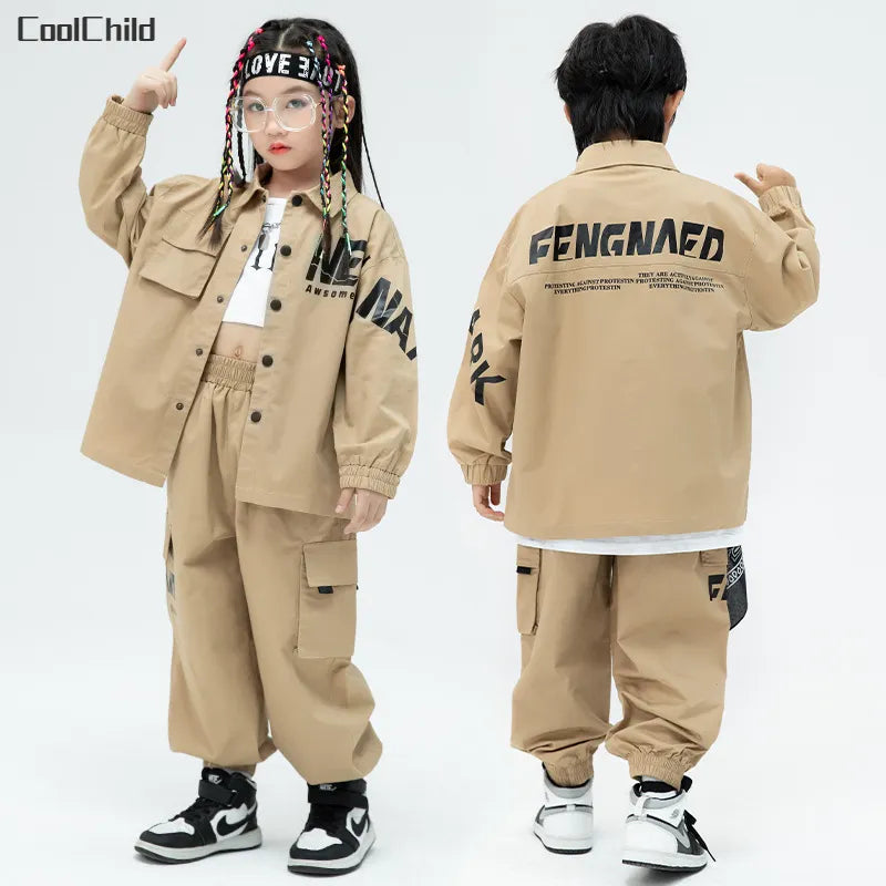 Boys Street Dance Loose Jacket Khaki Cargo Pants Girls Hip Hop Shirt Clothes