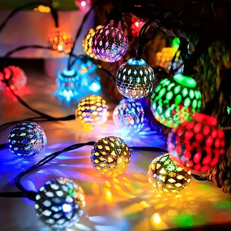 Solar Moroccan String Lights Metal Spherical Outdoor Fairy Lights