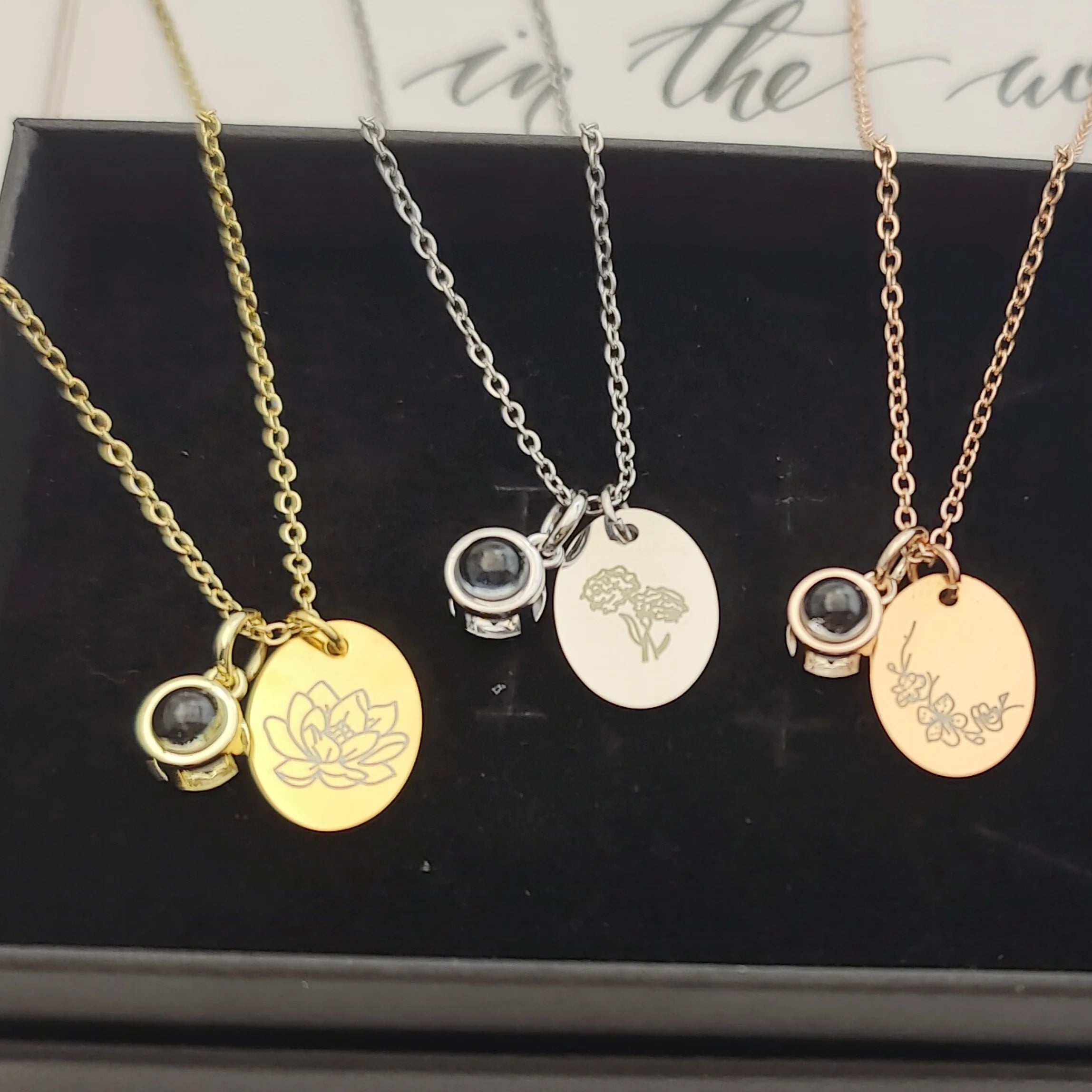 Custom Oval Photo Projection Necklace Birth Flower Name Pendant