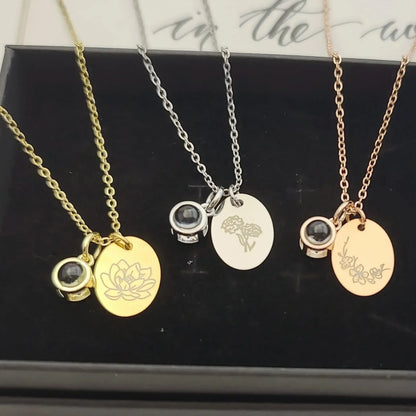 Custom Oval Photo Projection Necklace Birth Flower Name Pendant Gold color / March / United States|Leave name to seller