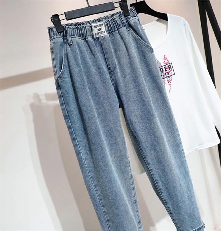 High Waist Elastic Waist Ankle-length Harem Denim Pants