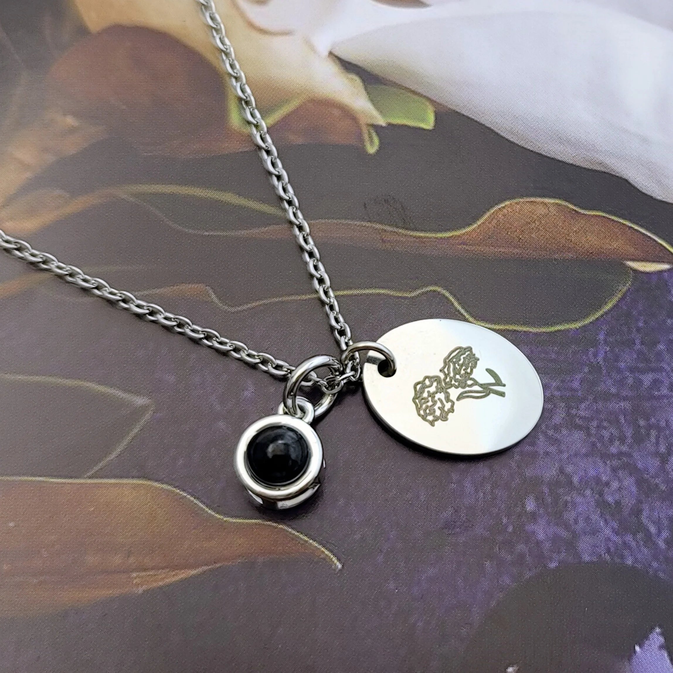 Custom Oval Photo Projection Necklace Birth Flower Name Pendant