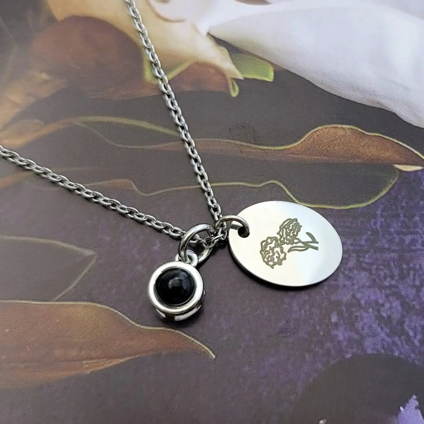 Custom Oval Photo Projection Necklace Birth Flower Name Pendant Gold color / March / United States|Leave name to seller