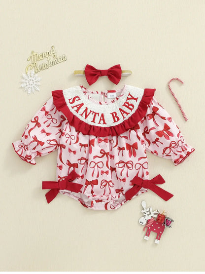 Christmas Baby Girl Plaid Romper Dress & Bow Headband Set army green / 6-12 Months / United States