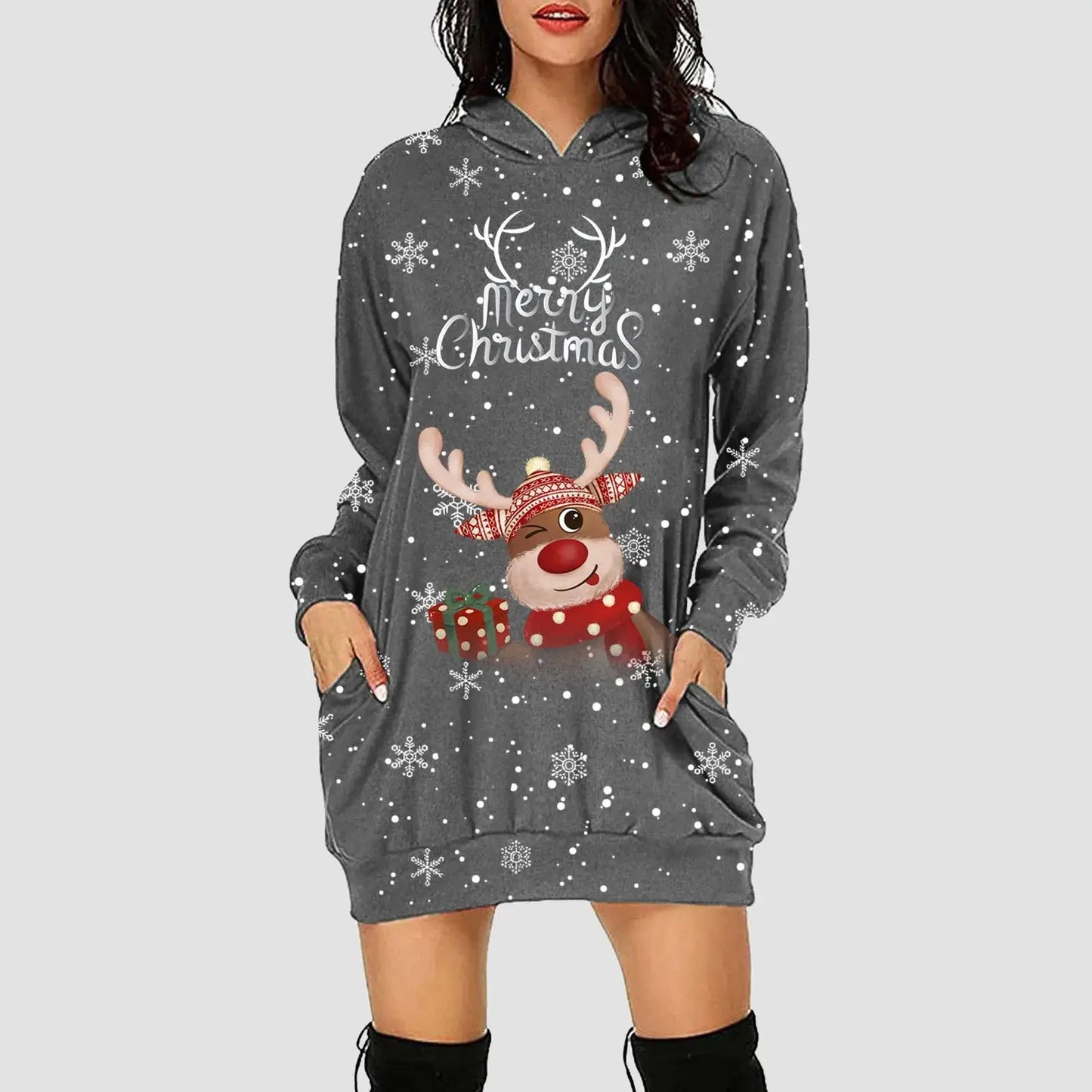 Women & Girls Christmas Sweatshirt Dress – Snowflakes & Reindeer Print, Long Sleeve Grey / M / United States