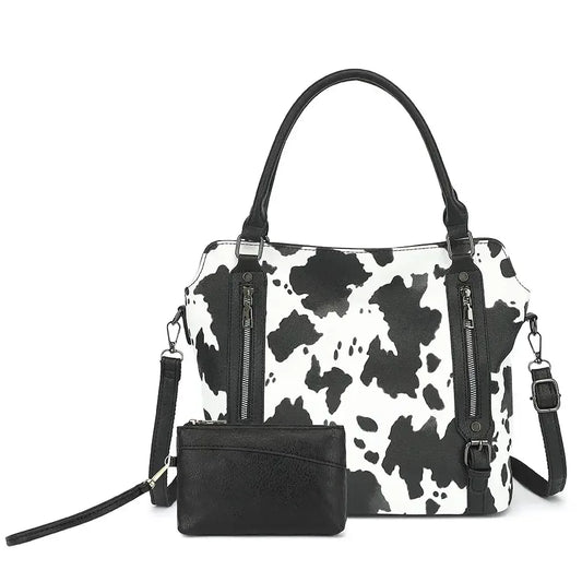 Handbags PU Leather Large Shoulder Bag, Cow Pattern Work Bags With Multi-Pockets black / (30cm<Max Length<50cm) / United States