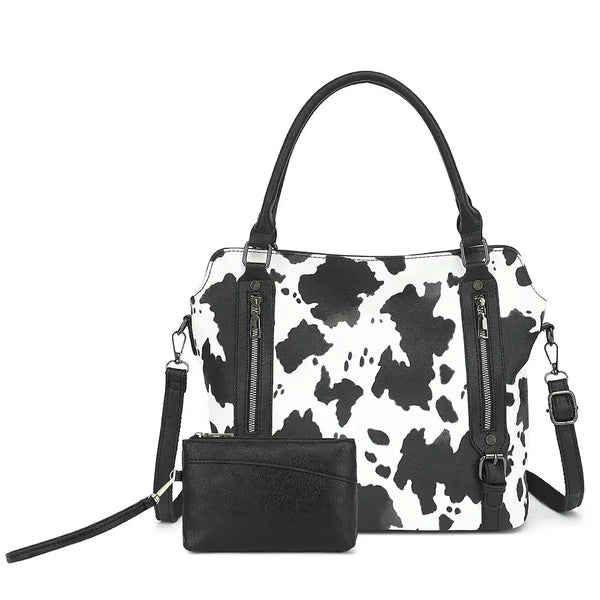 PU Leather Large Shoulder Bag, Cow Pattern With Multi-Pockets