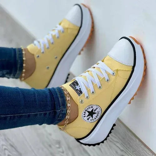 Flat Lace-Up Sneakers Pattern Canvas Casual Women Sport Shoes Yellow / 5