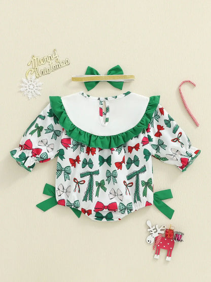 Christmas Baby Girl Plaid Romper Dress & Bow Headband Set army green / 6-12 Months / United States