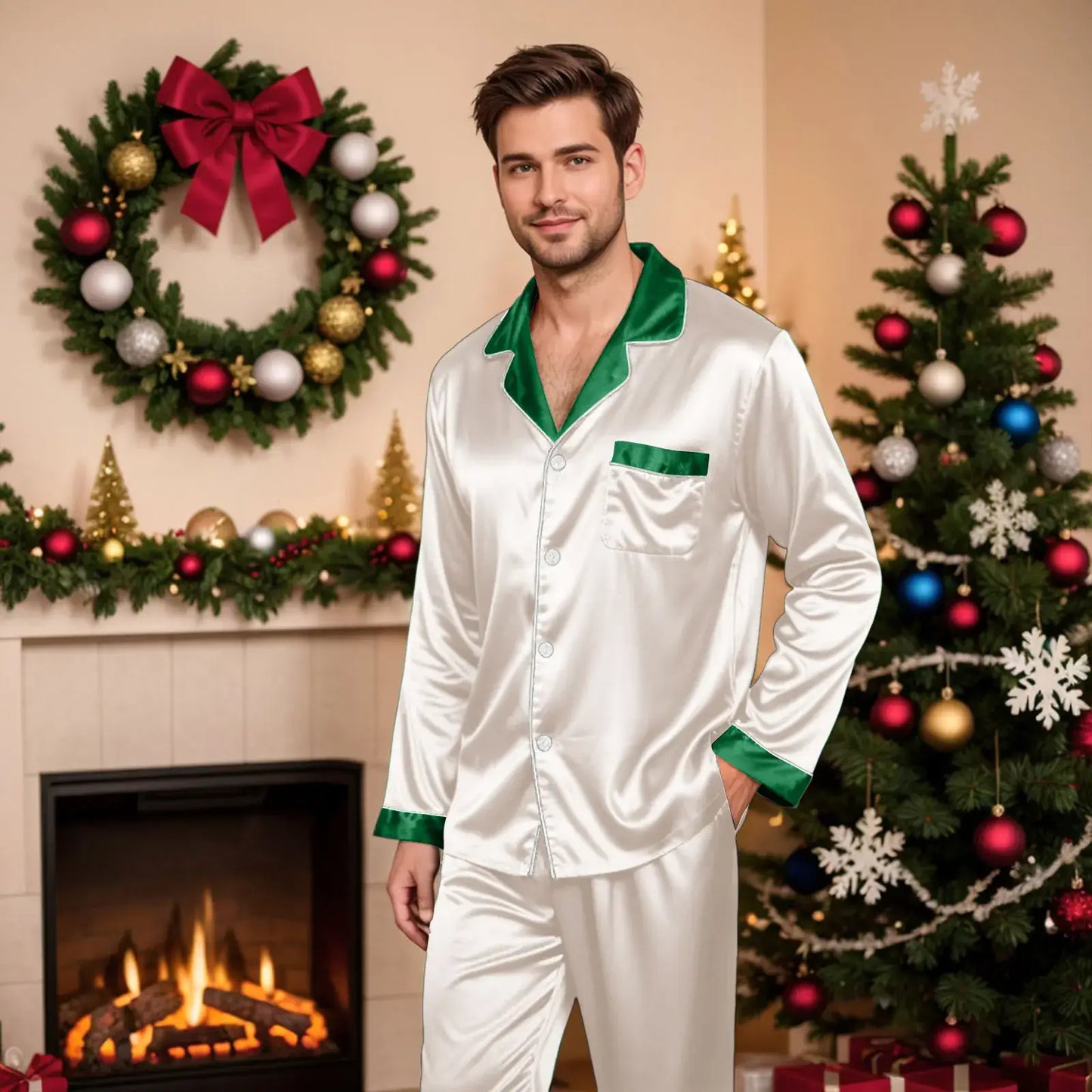 Silk Satin Christmas Family Pajamas Matching Sets Father-White / L / United States