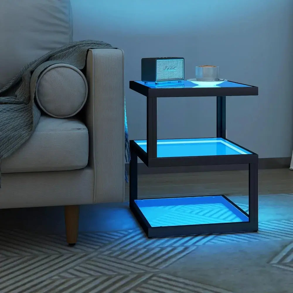 3-Tier S-Shaped Glass Side Table with LED Strip