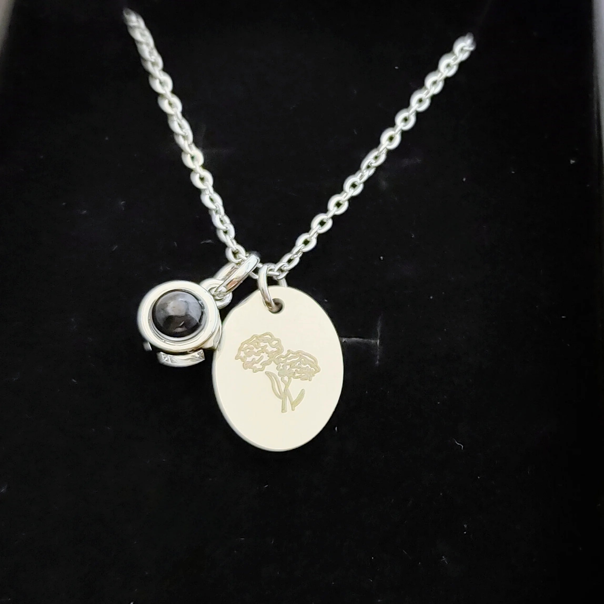 Custom Oval Photo Projection Necklace Birth Flower Name Pendant