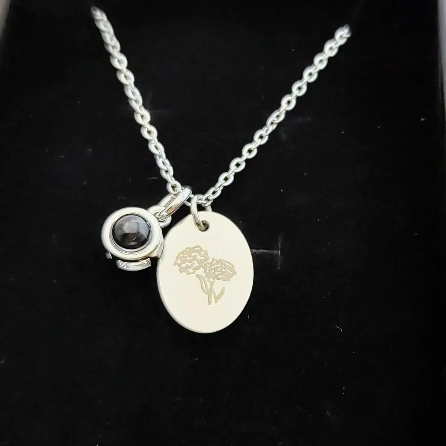 Custom Oval Photo Projection Necklace Birth Flower Name Pendant Silver color / November / United States|Leave name to seller