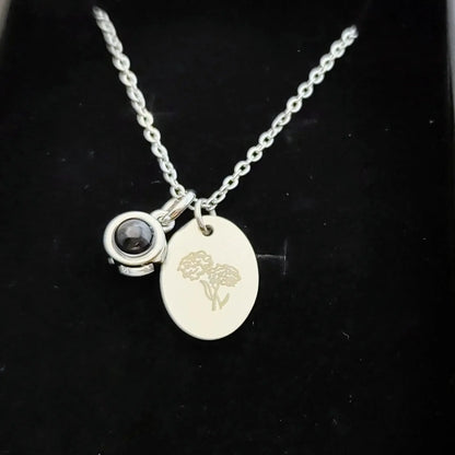 Custom Oval Photo Projection Necklace Birth Flower Name Pendant Silver color / November / United States|Leave name to seller