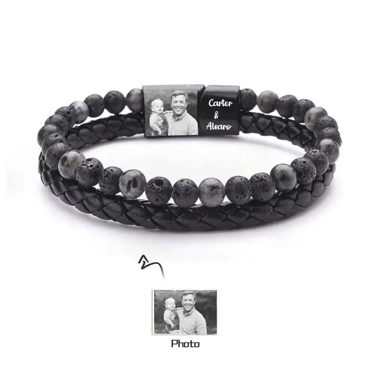 Personalize Men Photo Bracelets with Beads 2 Names Color B