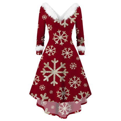 Women’s Christmas Plush Party Dress – V-Neck Swing Long Dress Red / M / United States